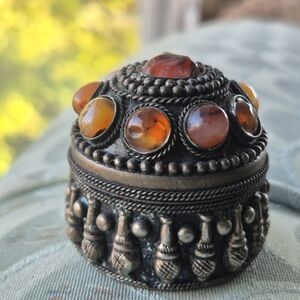 Vintage Silver Patina  Ornate Trinket Box with Amber Stones Gift Christmas
